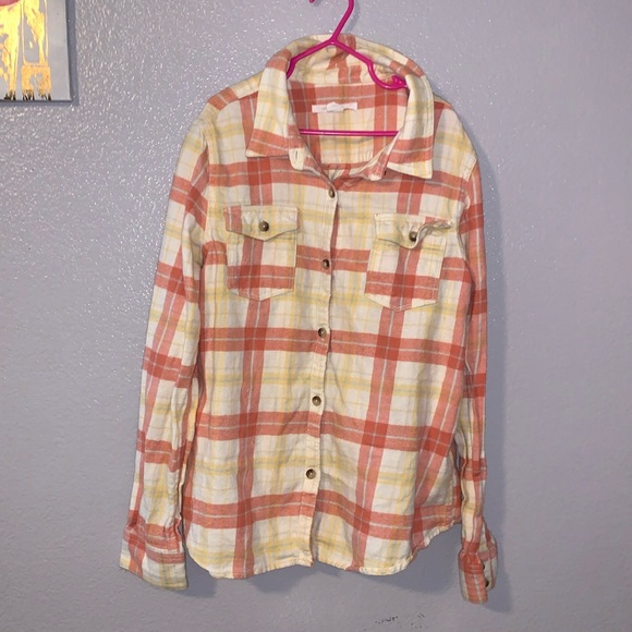 O’Neill plaid orange yellow beige long sleeve button down flannel top - Picture 1 of 6
